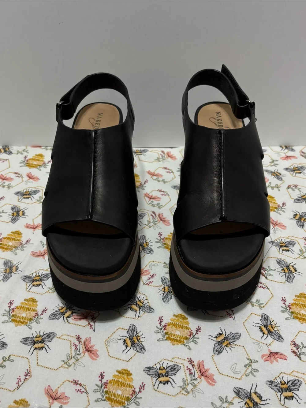 Naked Feet Black Leather Platform Slingback Sandals